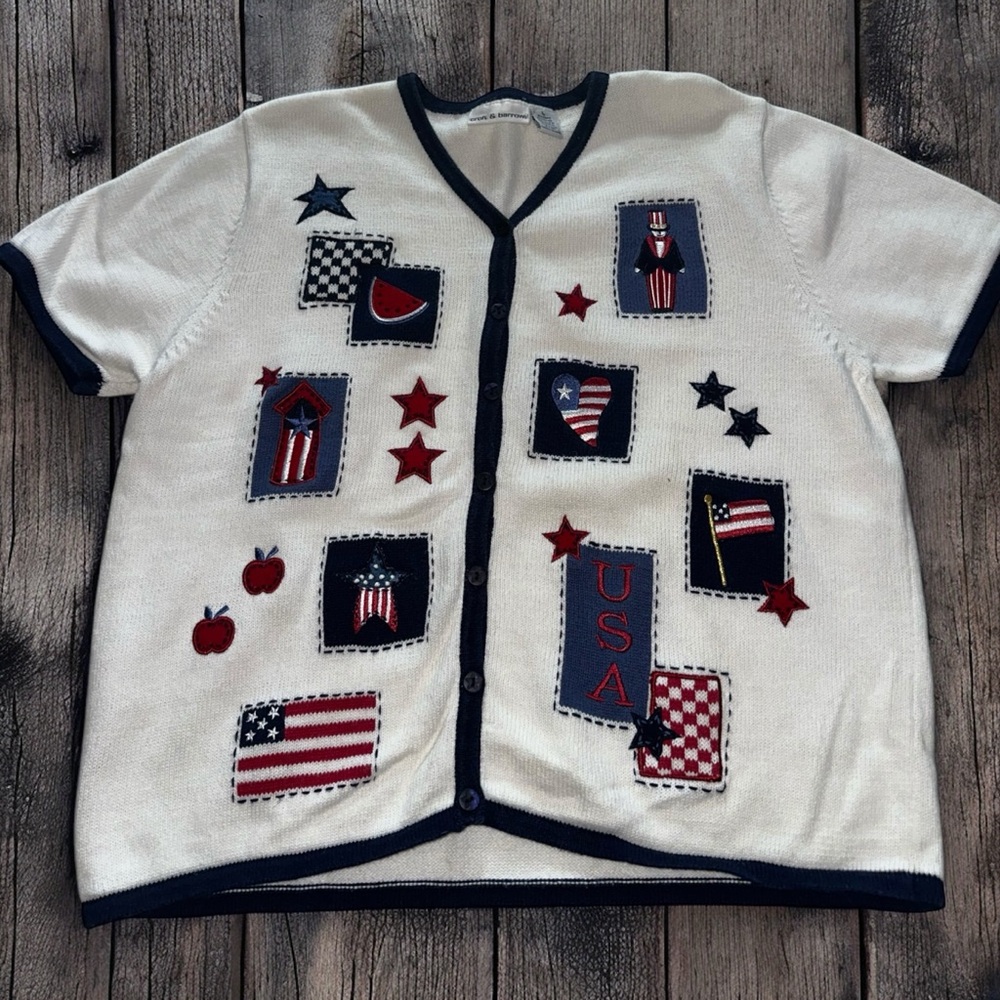 Croft & Barrow Patriotic Carnigan Sweater Womens Large White Blue Short Sleeve